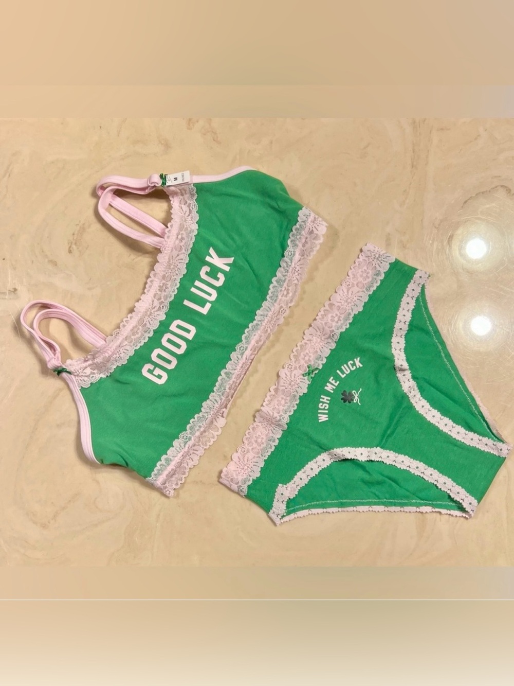 🍀VS PINK Cotton Lace Trim Scoop Bralette & Cheeky Panty Wild Green GOOD LUCK L - Picture 3 of 15